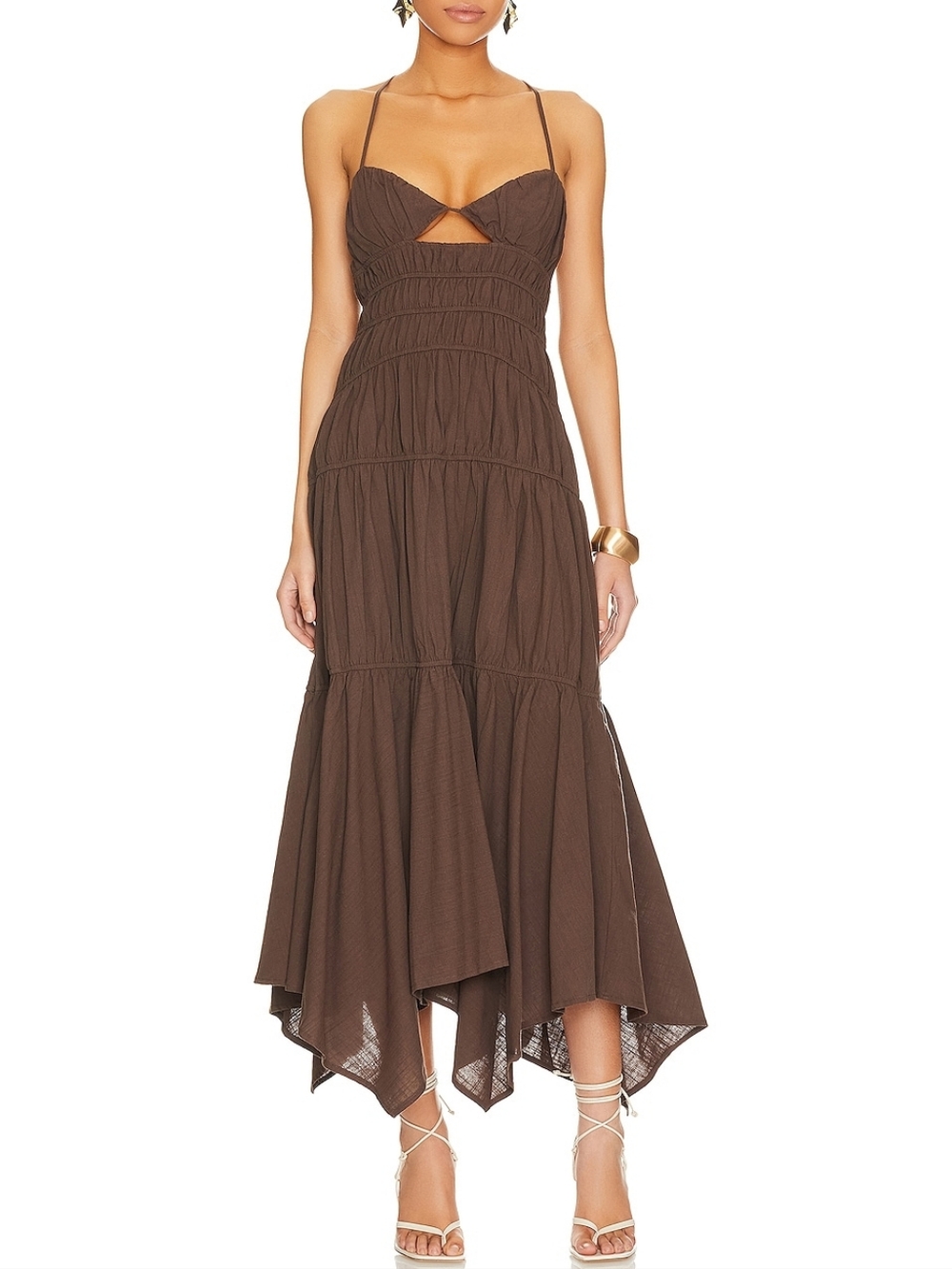 Brown Spaghetti-Strap Tiered Maxi Dress